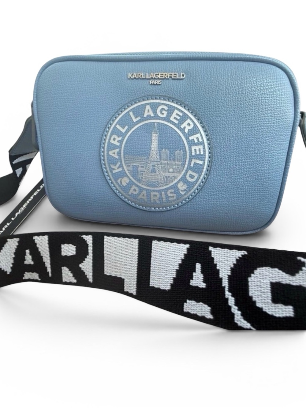 Karl Lagerfeld Crossbody Blue Fog Paris Skyline Camera Bag & Mini Wallet NWT